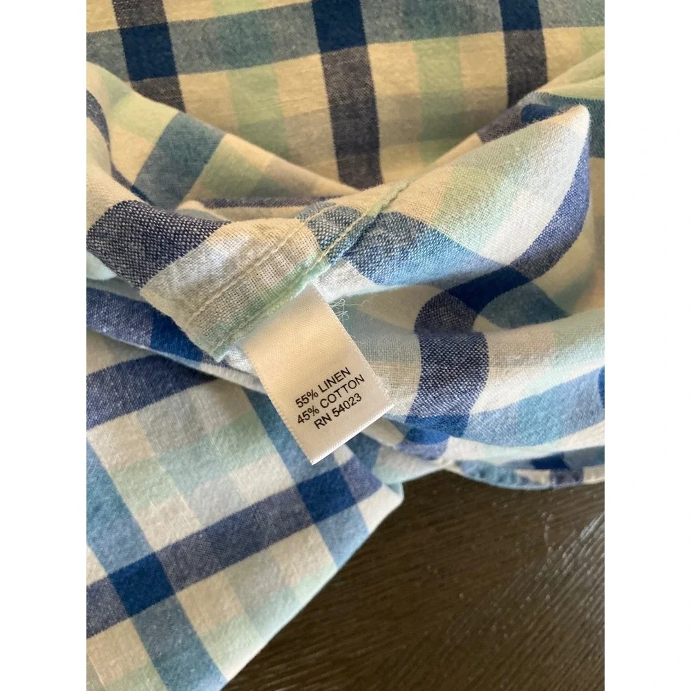 Banana Republic Linen Cotton‎ Plaid Shirt Mens XL Blue Short Sleeve Button Front